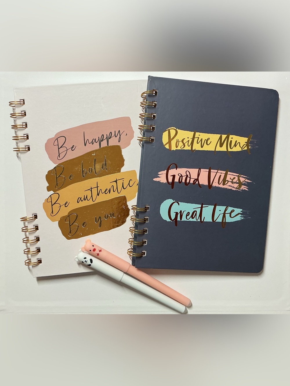 Positive Mind & Be Happy Spiral Notebooks w/Two Teddy Pens